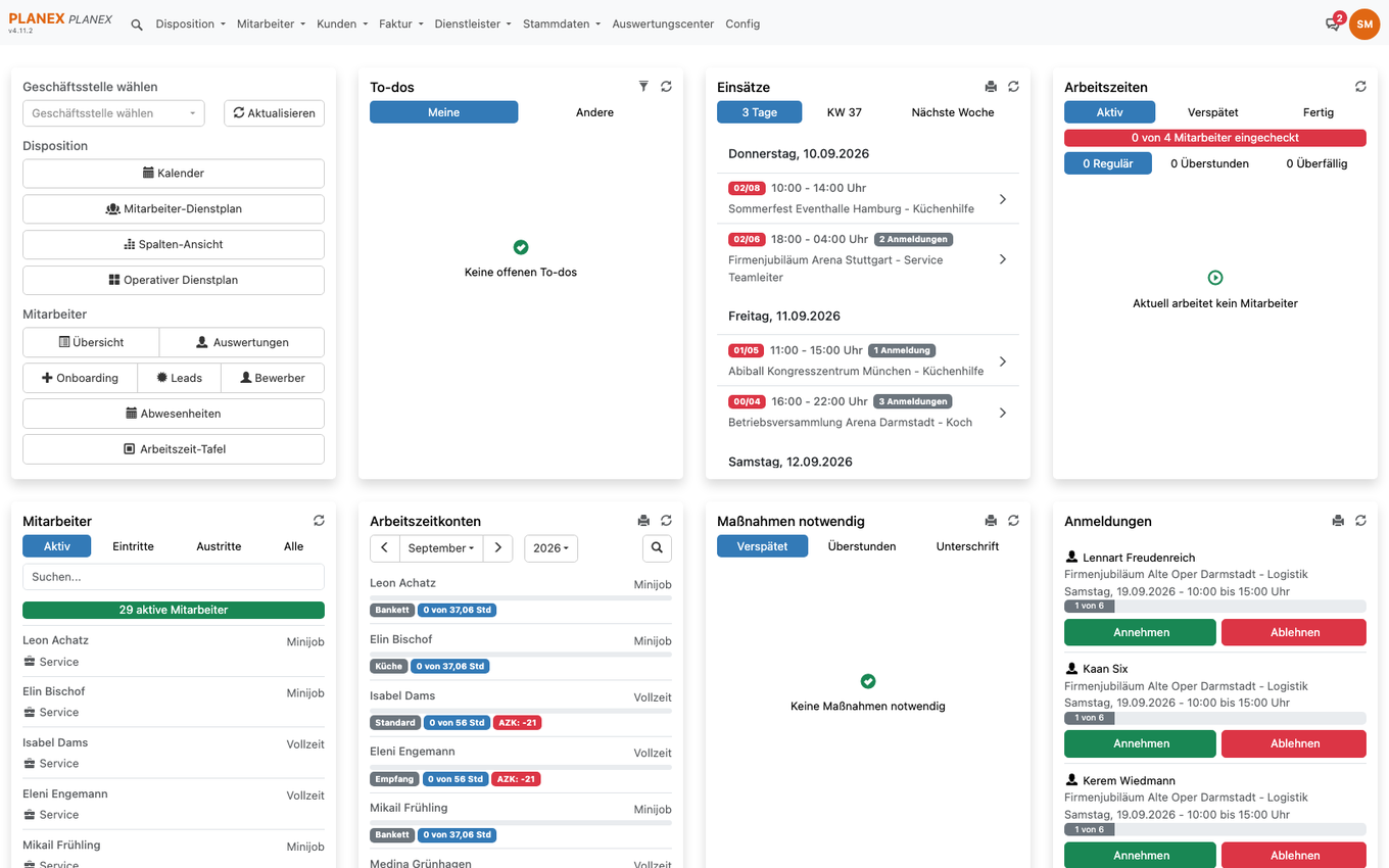 Das Planex Planungsportal: Dashboard mit Einsätzen, Arbeitszeiten und Anmeldungen